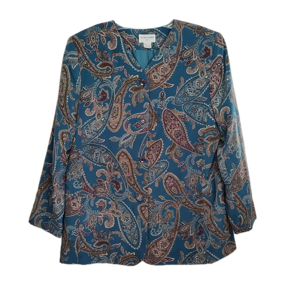 Alfred Dunner Button-Up Jacket‎ Women's 16 Blue & Gray Paisley Pattern Long Slvs